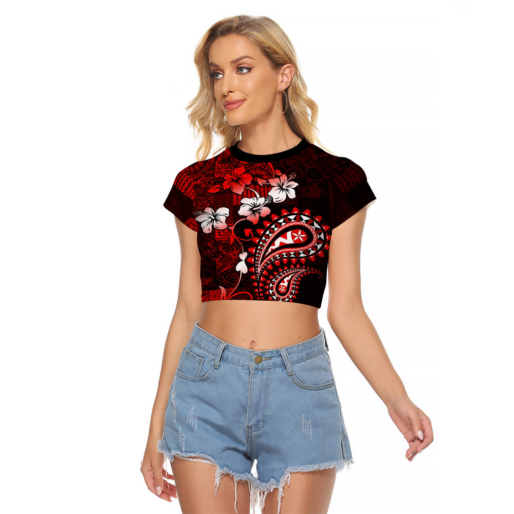 Fiji Masi Paisley Raglan Cropped T Shirt Fijian Hibiscus Tapa Red Version LT01 Female Red - Polynesian Pride