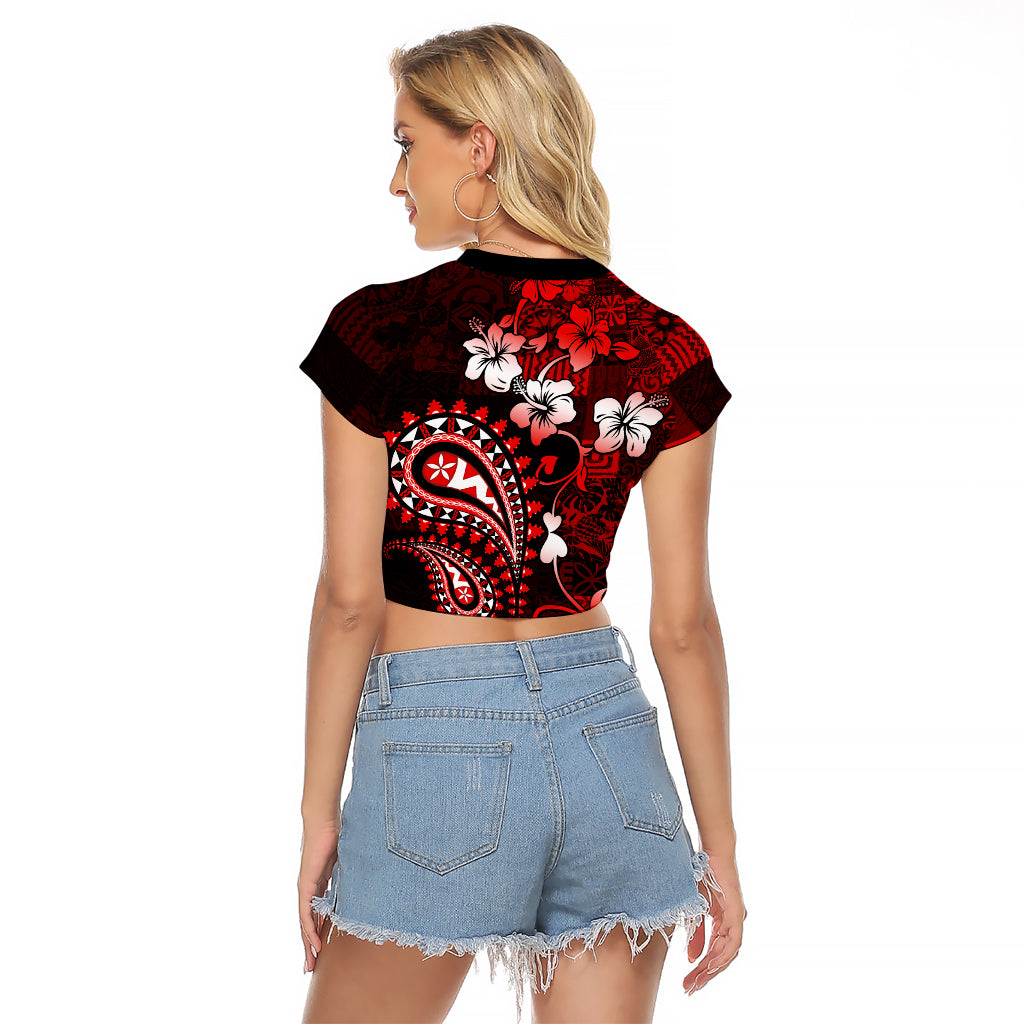 Fiji Masi Paisley Raglan Cropped T Shirt Fijian Hibiscus Tapa Red Version LT01 - Polynesian Pride