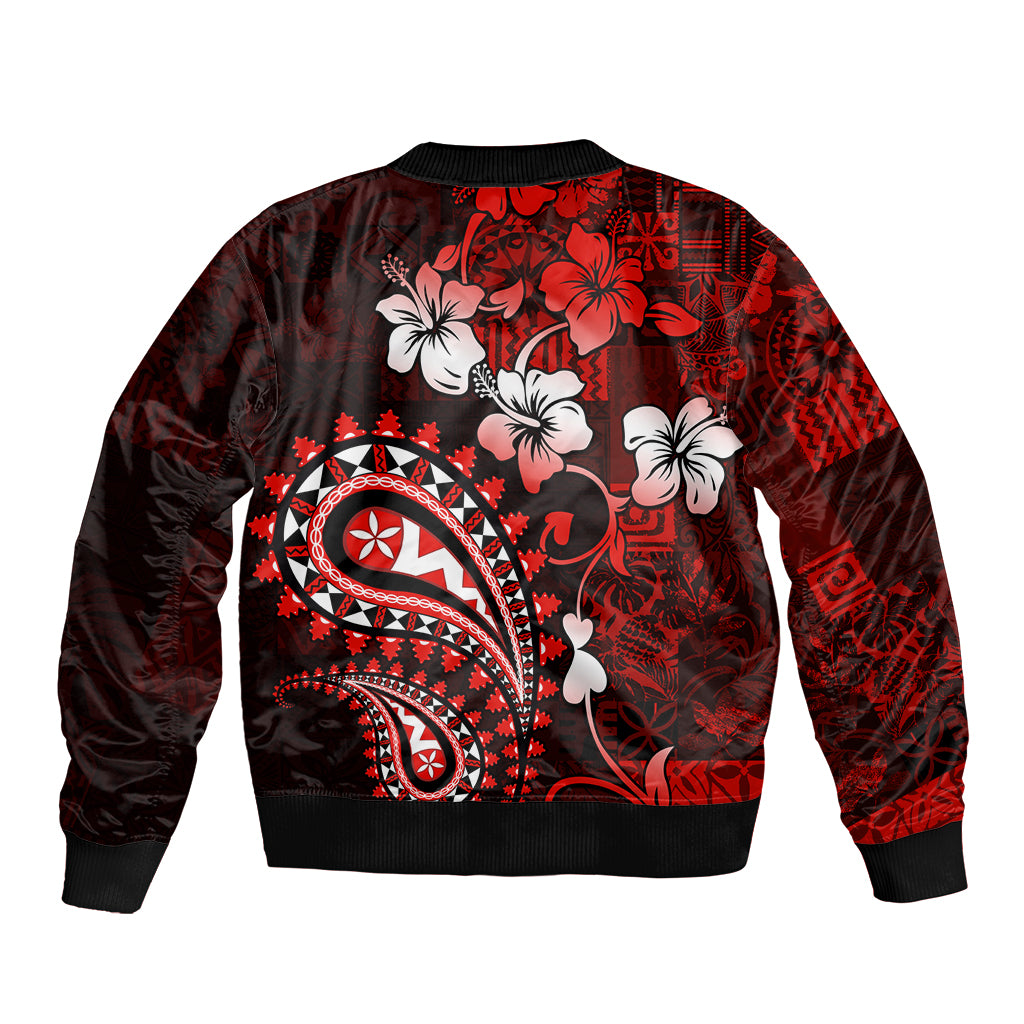 Fiji Masi Paisley Sleeve Zip Bomber Jacket Fijian Hibiscus Tapa Red Version LT01 - Polynesian Pride