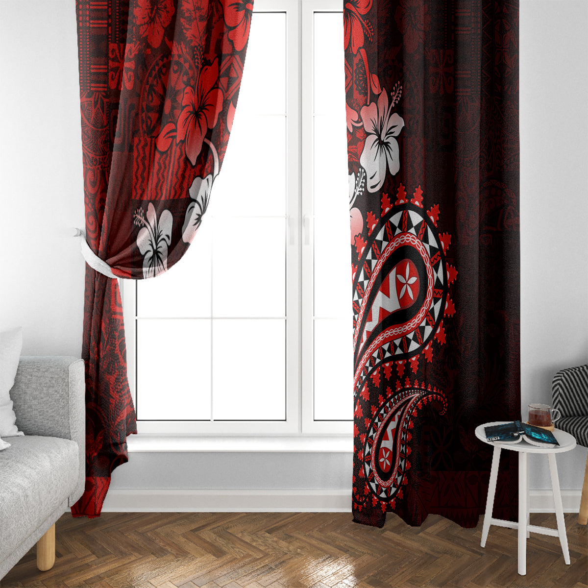 Fiji Masi Paisley Window Curtain Fijian Hibiscus Tapa Red Version LT01 - Polynesian Pride