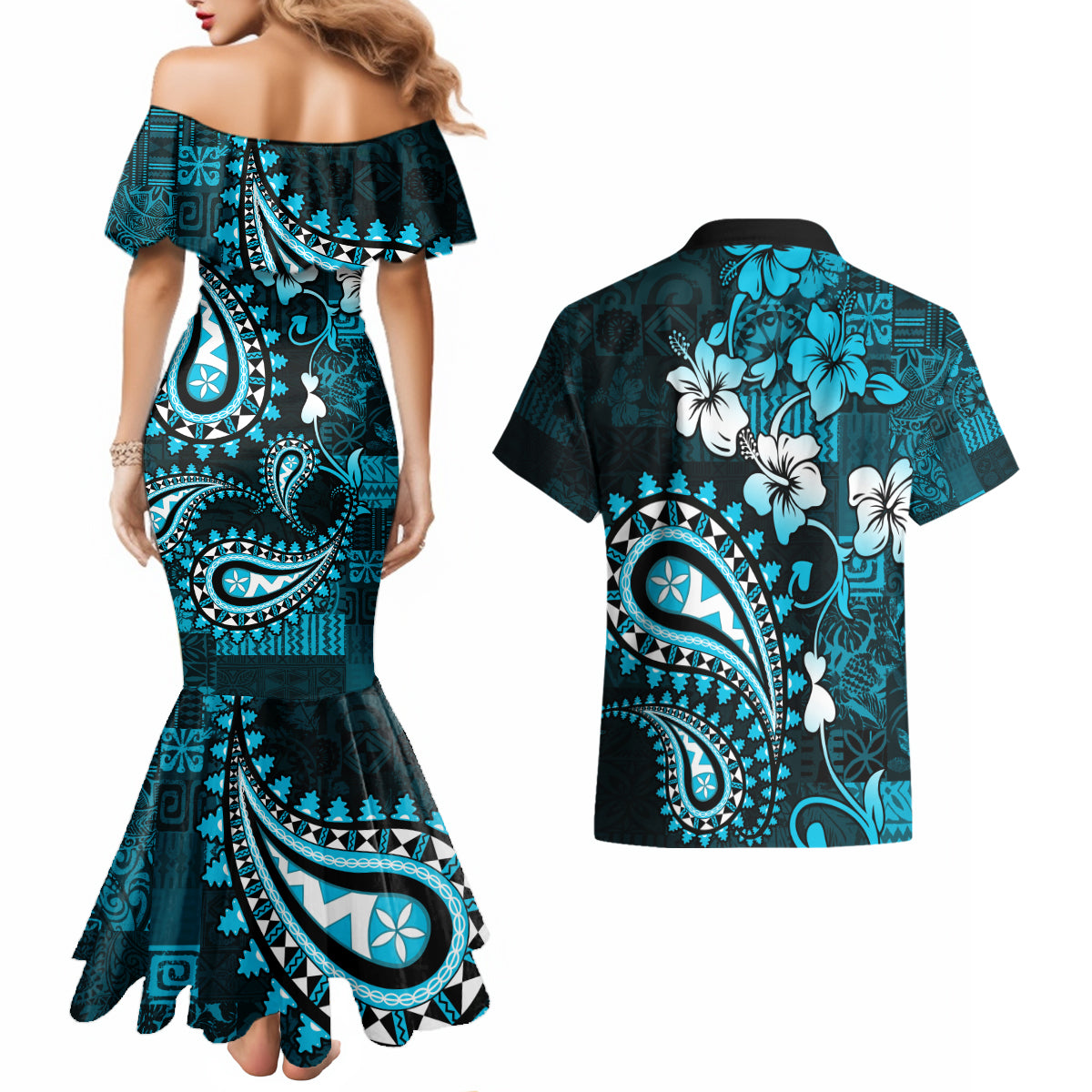 Fiji Masi Paisley Couples Matching Mermaid Dress and Hawaiian Shirt Fijian Hibiscus Tapa Sky Blue Version LT01 - Polynesian Pride
