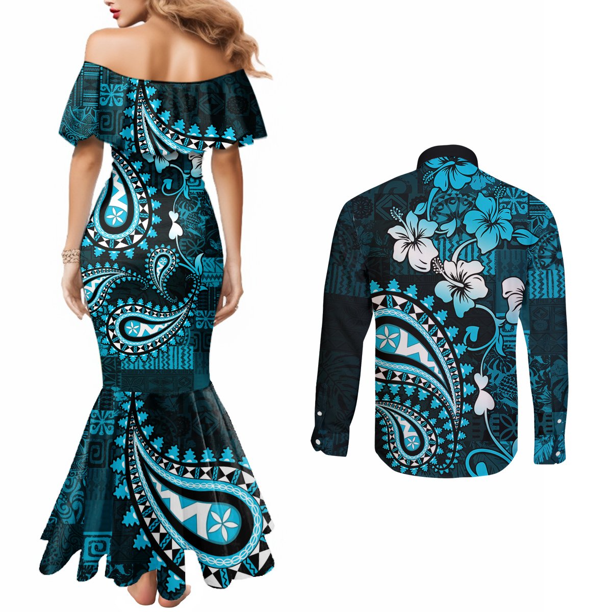 Fiji Masi Paisley Couples Matching Mermaid Dress and Long Sleeve Button Shirt Fijian Hibiscus Tapa Sky Blue Version LT01 - Polynesian Pride