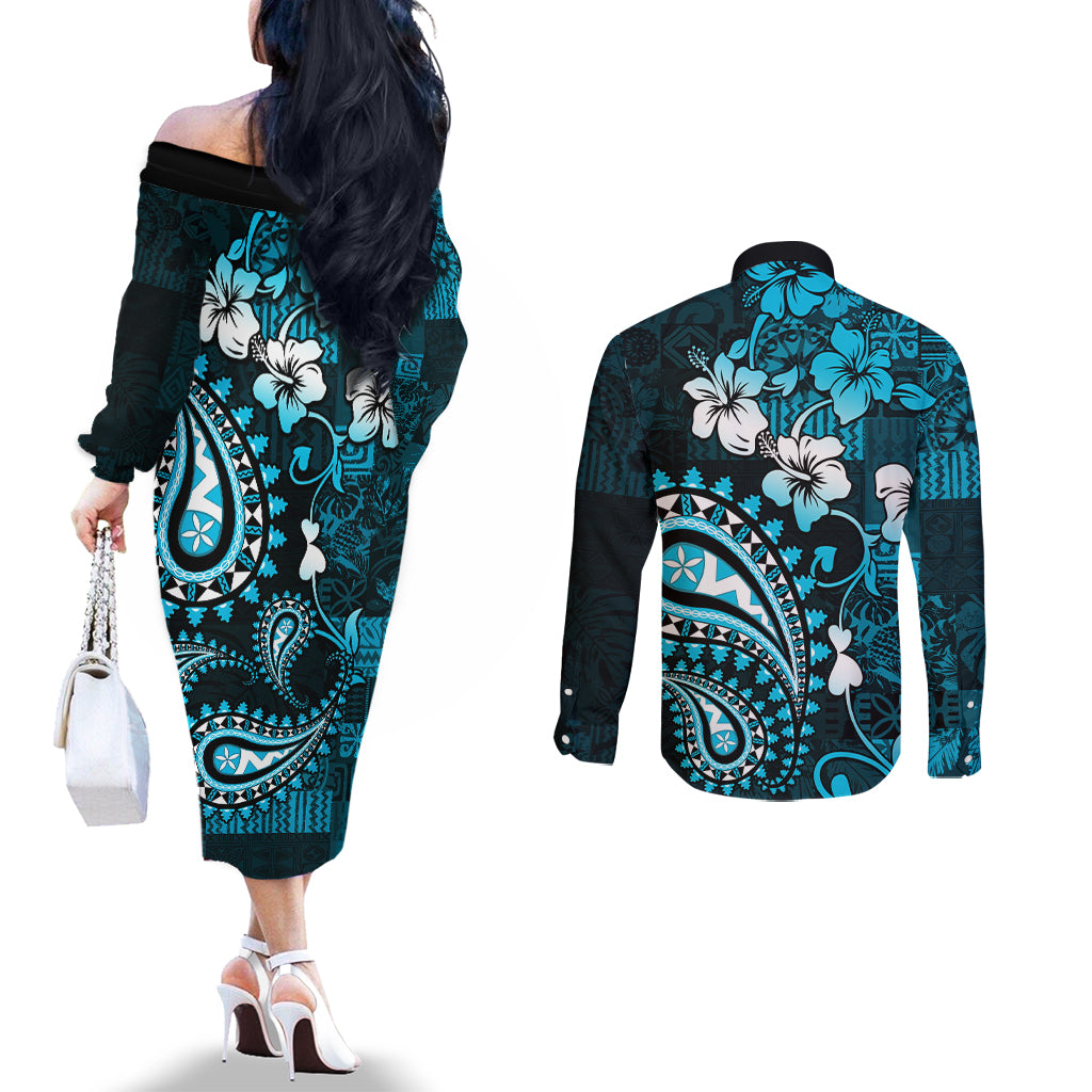 Fiji Masi Paisley Couples Matching Off The Shoulder Long Sleeve Dress and Long Sleeve Button Shirt Fijian Hibiscus Tapa Sky Blue Version LT01 - Polynesian Pride