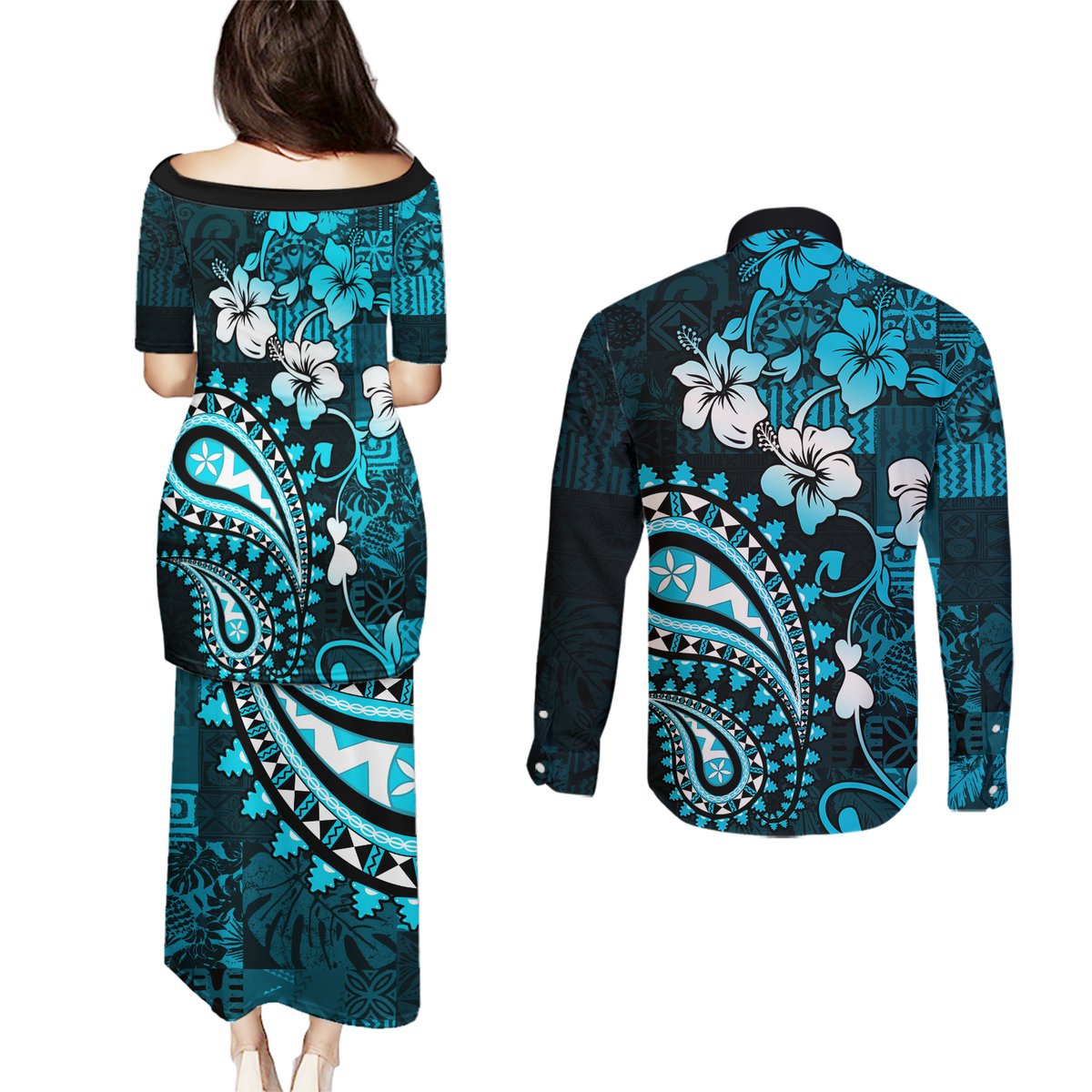 Fiji Masi Paisley Couples Matching Puletasi Dress and Long Sleeve Button Shirt Fijian Hibiscus Tapa Sky Blue Version LT01 - Polynesian Pride
