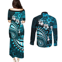 Fiji Masi Paisley Couples Matching Puletasi Dress and Long Sleeve Button Shirt Fijian Hibiscus Tapa Sky Blue Version LT01 - Polynesian Pride