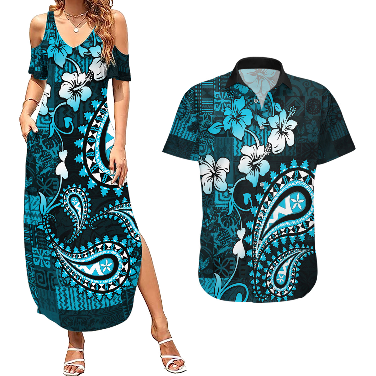 Fiji Masi Paisley Couples Matching Summer Maxi Dress and Hawaiian Shirt Fijian Hibiscus Tapa Sky Blue Version LT01 Blue - Polynesian Pride