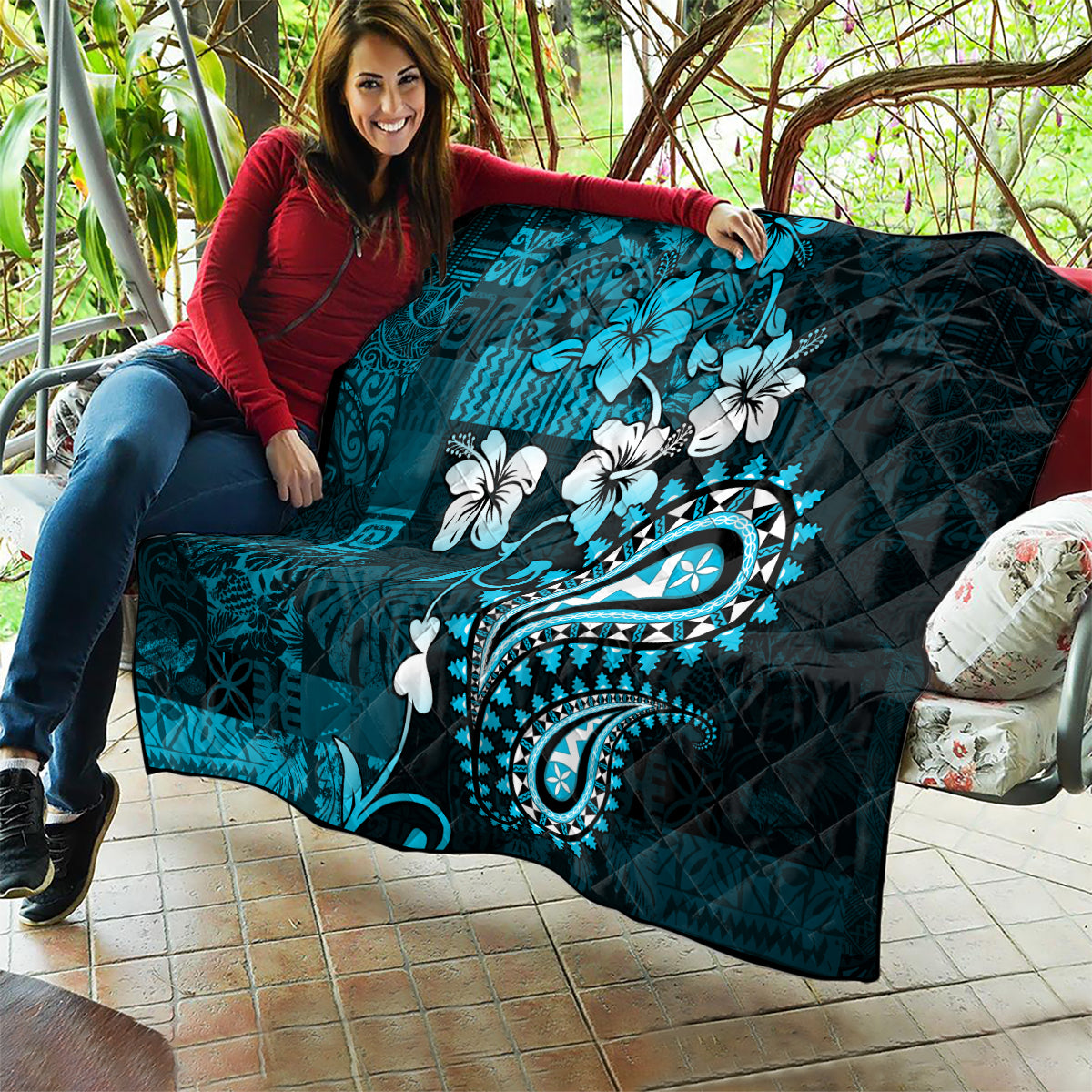 Fiji Masi Paisley Quilt Fijian Hibiscus Tapa Sky Blue Version LT01 - Polynesian Pride