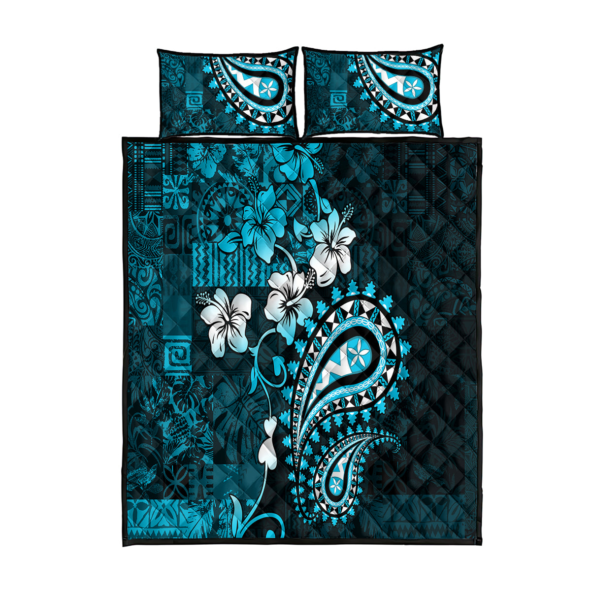 Fiji Masi Paisley Quilt Bed Set Fijian Hibiscus Tapa Sky Blue Version LT01 Blue - Polynesian Pride
