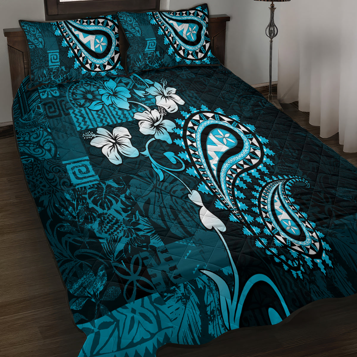 Fiji Masi Paisley Quilt Bed Set Fijian Hibiscus Tapa Sky Blue Version LT01 - Polynesian Pride