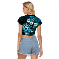 Fiji Masi Paisley Raglan Cropped T Shirt Fijian Hibiscus Tapa Sky Blue Version LT01 - Polynesian Pride