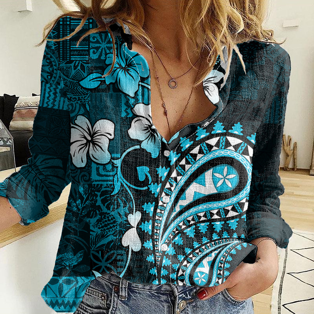Fiji Masi Paisley Women Casual Shirt Fijian Hibiscus Tapa Sky Blue Version LT01 Female Blue - Polynesian Pride