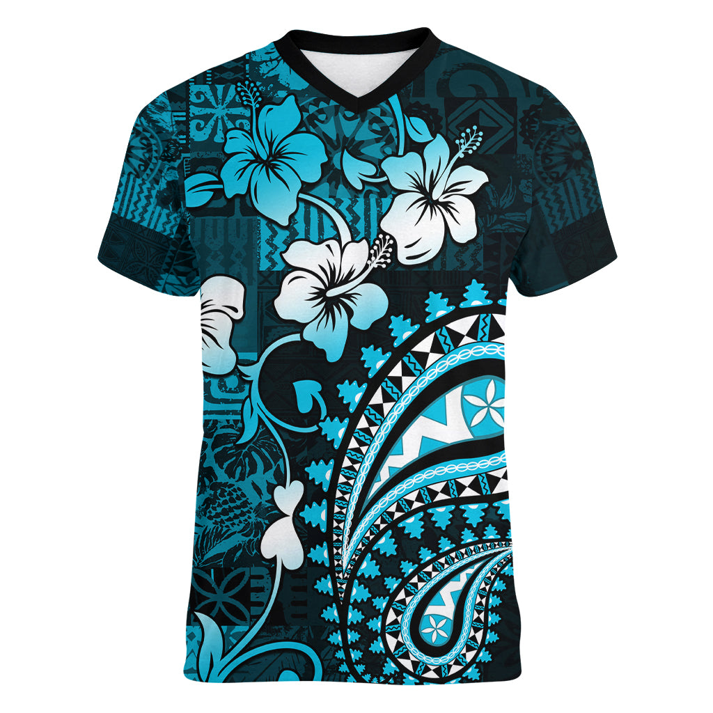 Fiji Masi Paisley Women V Neck T Shirt Fijian Hibiscus Tapa Sky Blue Version LT01 Female Blue - Polynesian Pride