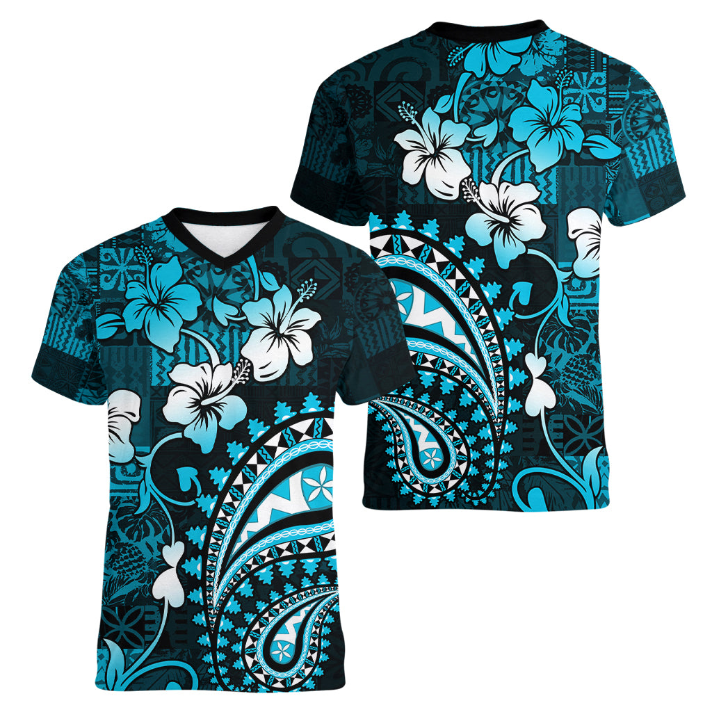 Fiji Masi Paisley Women V Neck T Shirt Fijian Hibiscus Tapa Sky Blue Version LT01 - Polynesian Pride