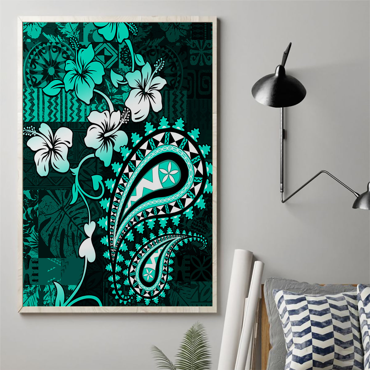 Fiji Masi Paisley Canvas Wall Art Fijian Hibiscus Tapa Turquoise Version LT01 - Polynesian Pride