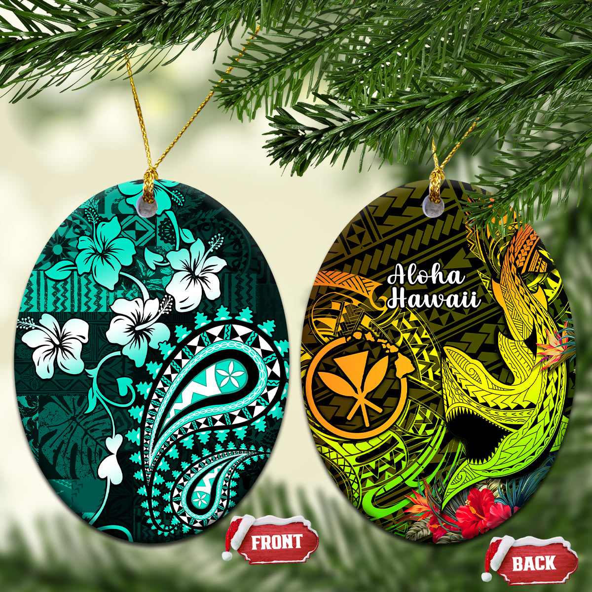 Fiji Masi Paisley Ceramic Ornament Fijian Hibiscus Tapa Turquoise Version LT01 Oval Turquoise - Polynesian Pride