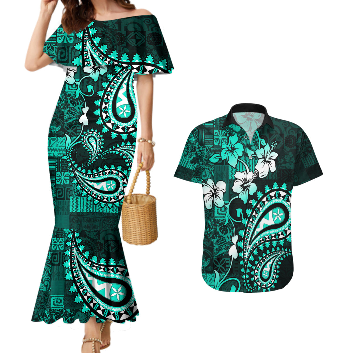 Fiji Masi Paisley Couples Matching Mermaid Dress and Hawaiian Shirt Fijian Hibiscus Tapa Turquoise Version LT01 Turquoise - Polynesian Pride