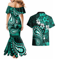 Fiji Masi Paisley Couples Matching Mermaid Dress and Hawaiian Shirt Fijian Hibiscus Tapa Turquoise Version LT01 - Polynesian Pride