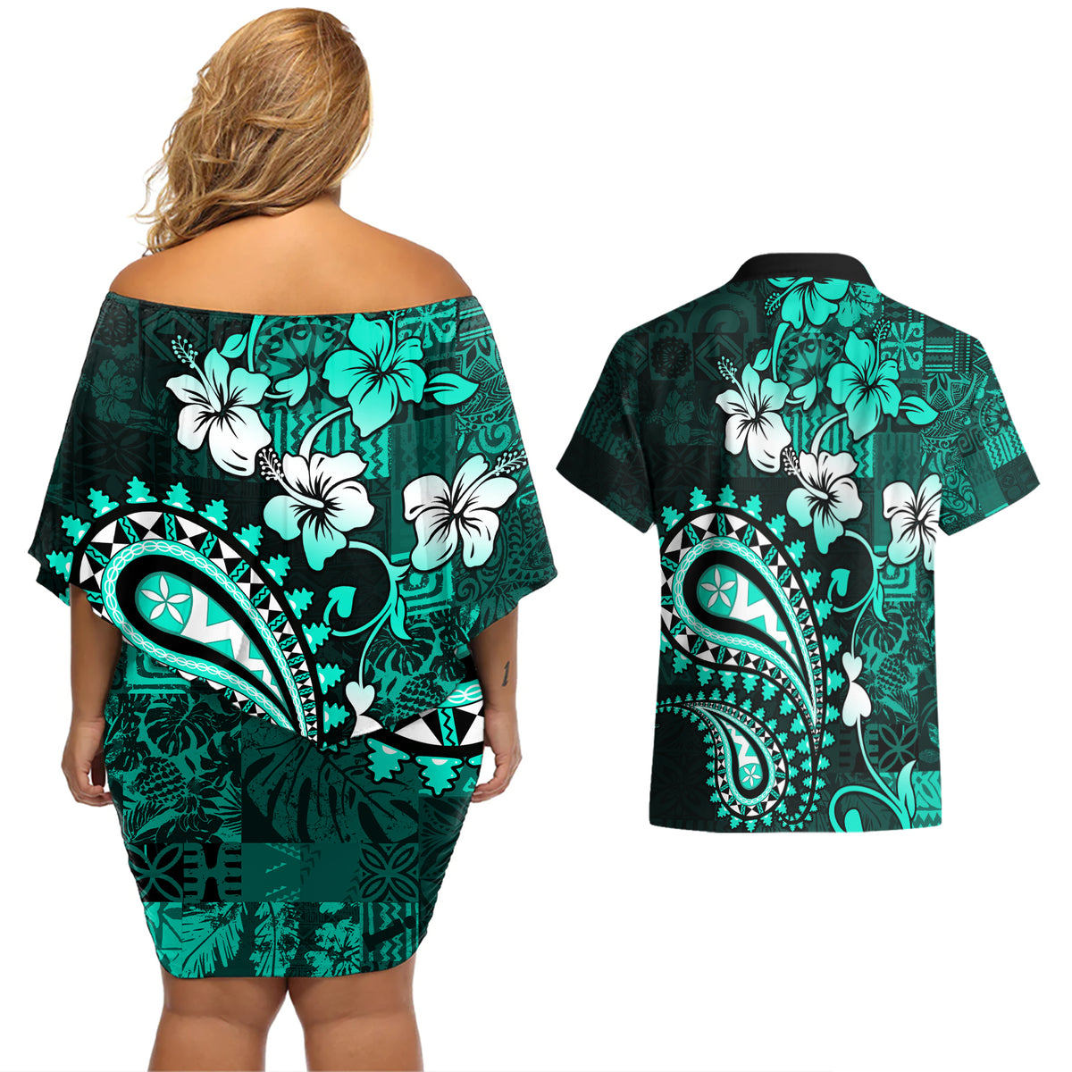 Fiji Masi Paisley Couples Matching Off Shoulder Short Dress and Hawaiian Shirt Fijian Hibiscus Tapa Turquoise Version LT01 - Polynesian Pride