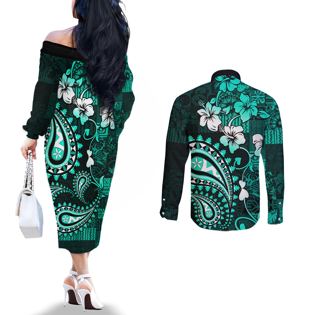 Fiji Masi Paisley Couples Matching Off The Shoulder Long Sleeve Dress and Long Sleeve Button Shirt Fijian Hibiscus Tapa Turquoise Version LT01 - Polynesian Pride