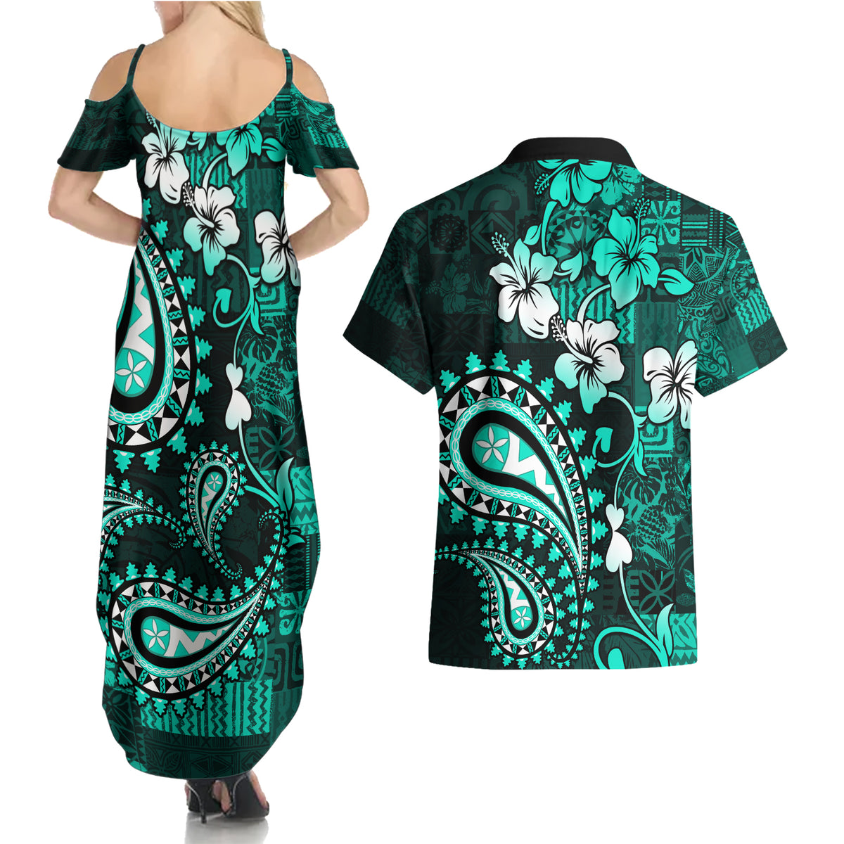 Fiji Masi Paisley Couples Matching Summer Maxi Dress and Hawaiian Shirt Fijian Hibiscus Tapa Turquoise Version LT01 - Polynesian Pride