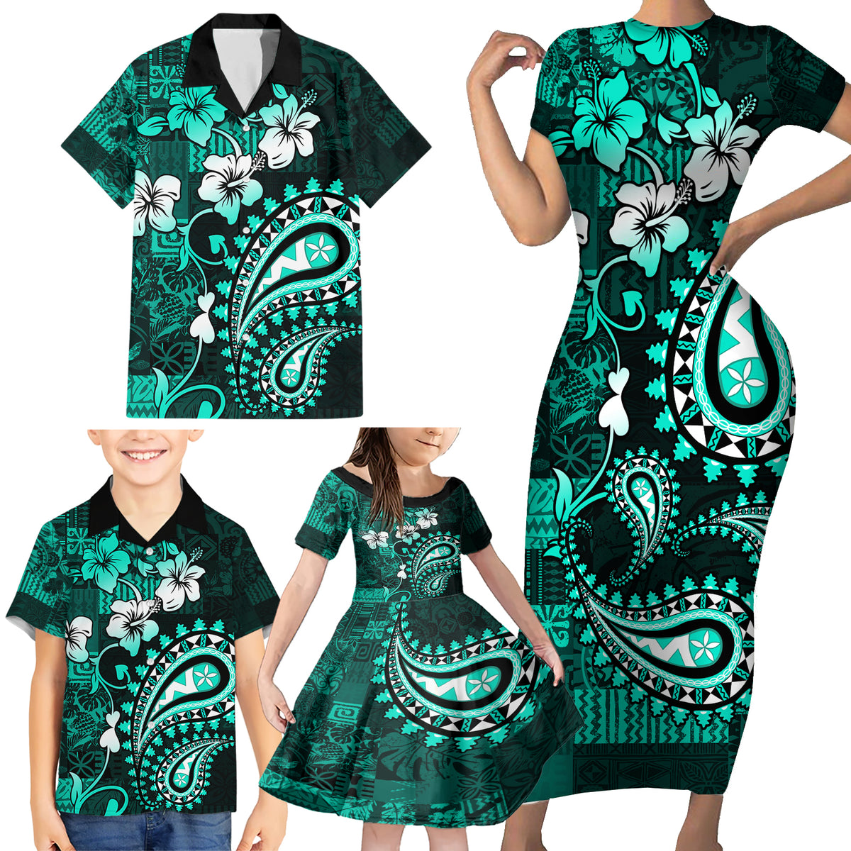 Fiji Masi Paisley Family Matching Short Sleeve Bodycon Dress and Hawaiian Shirt Fijian Hibiscus Tapa Turquoise Version LT01 - Polynesian Pride