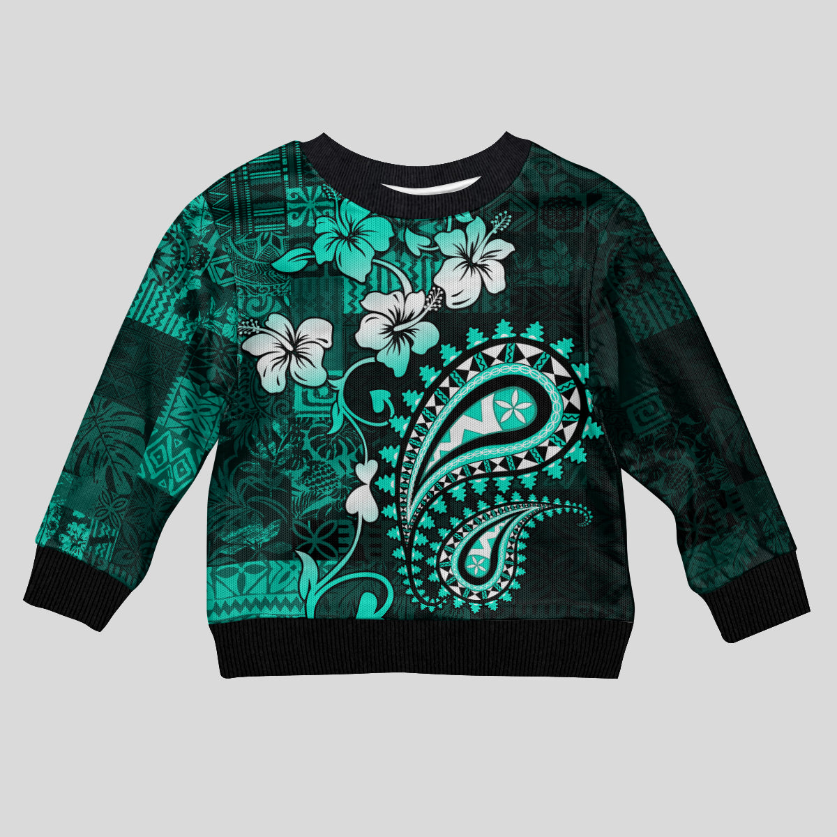 Fiji Masi Paisley Kid Ugly Christmas Sweater Fijian Hibiscus Tapa Turquoise Version LT01 Kid Turquoise - Polynesian Pride