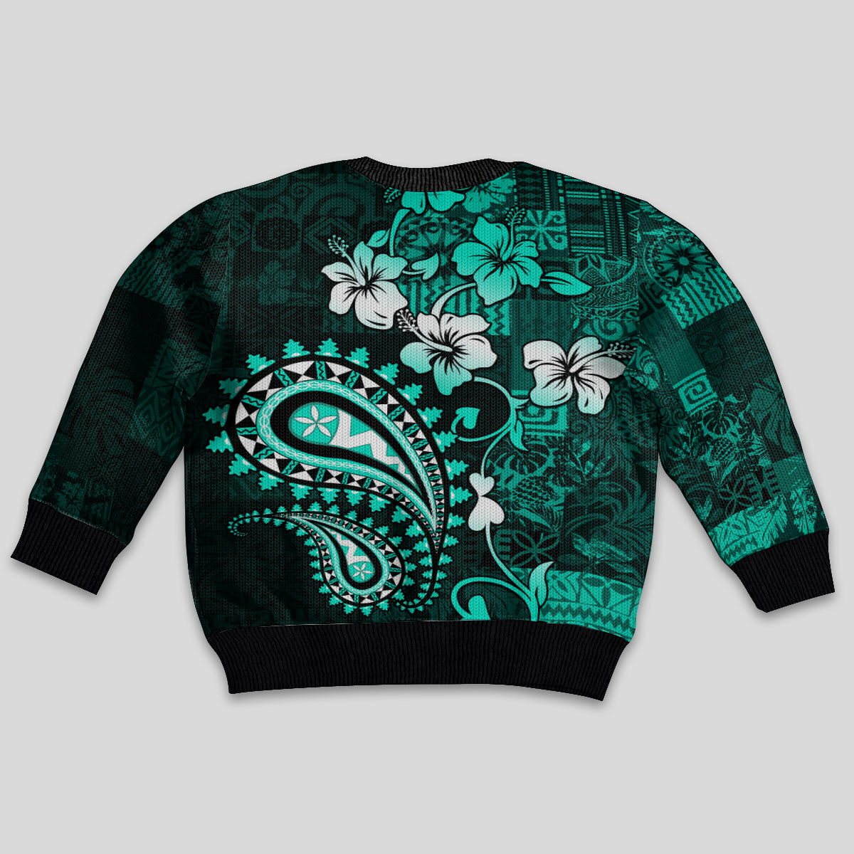 Fiji Masi Paisley Kid Ugly Christmas Sweater Fijian Hibiscus Tapa Turquoise Version LT01 - Polynesian Pride