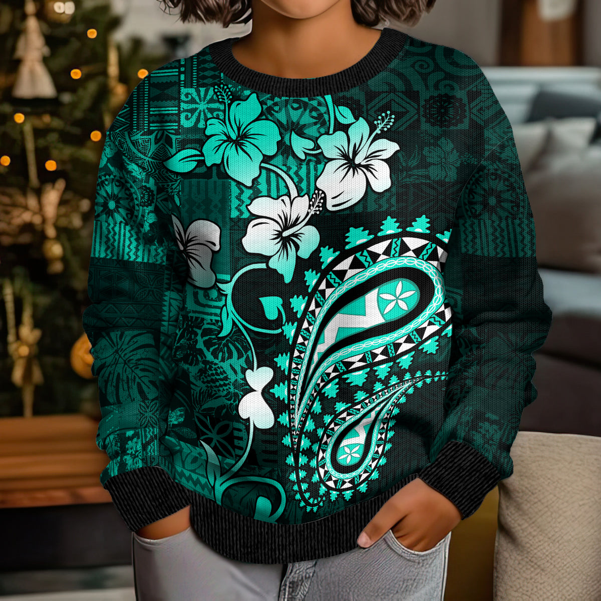 Fiji Masi Paisley Kid Ugly Christmas Sweater Fijian Hibiscus Tapa Turquoise Version LT01 - Polynesian Pride