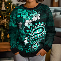 Fiji Masi Paisley Kid Ugly Christmas Sweater Fijian Hibiscus Tapa Turquoise Version LT01 - Polynesian Pride
