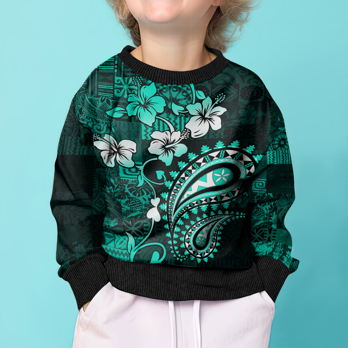 Fiji Masi Paisley Kid Ugly Christmas Sweater Fijian Hibiscus Tapa Turquoise Version LT01 - Polynesian Pride