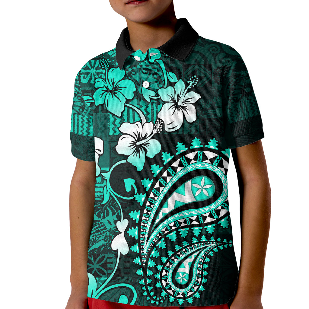 Fiji Masi Paisley Kid Polo Shirt Fijian Hibiscus Tapa Turquoise Version LT01 Kid Turquoise - Polynesian Pride