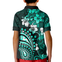 Fiji Masi Paisley Kid Polo Shirt Fijian Hibiscus Tapa Turquoise Version LT01 - Polynesian Pride