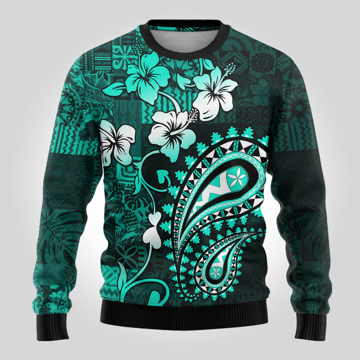 Fiji Masi Paisley Ugly Christmas Sweater Fijian Hibiscus Tapa Turquoise Version LT01 - Polynesian Pride