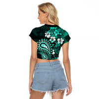 Fiji Masi Paisley Raglan Cropped T Shirt Fijian Hibiscus Tapa Turquoise Version LT01 - Polynesian Pride