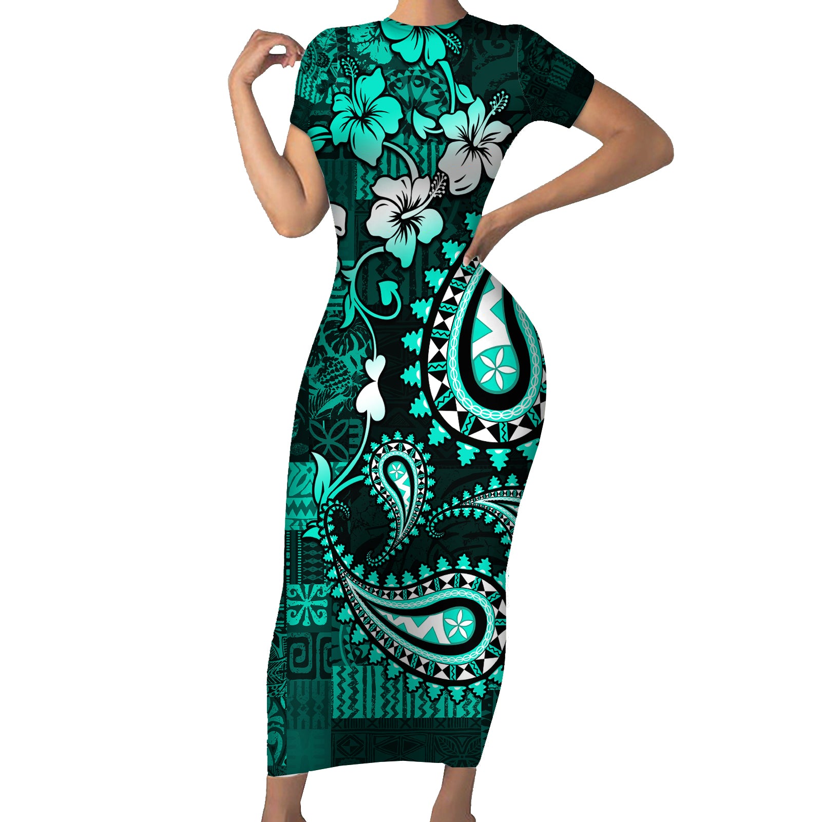 Fiji Masi Paisley Short Sleeve Bodycon Dress Fijian Hibiscus Tapa Turquoise Version LT01 Long Dress Turquoise - Polynesian Pride