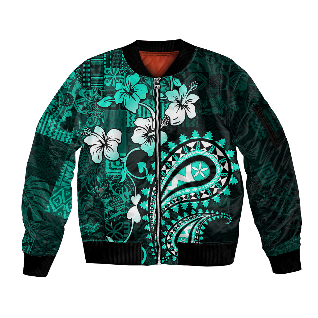 Fiji Masi Paisley Sleeve Zip Bomber Jacket Fijian Hibiscus Tapa Turquoise Version LT01 Unisex Turquoise - Polynesian Pride