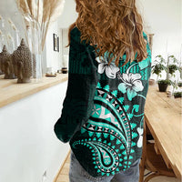 Fiji Masi Paisley Women Casual Shirt Fijian Hibiscus Tapa Turquoise Version LT01 - Polynesian Pride