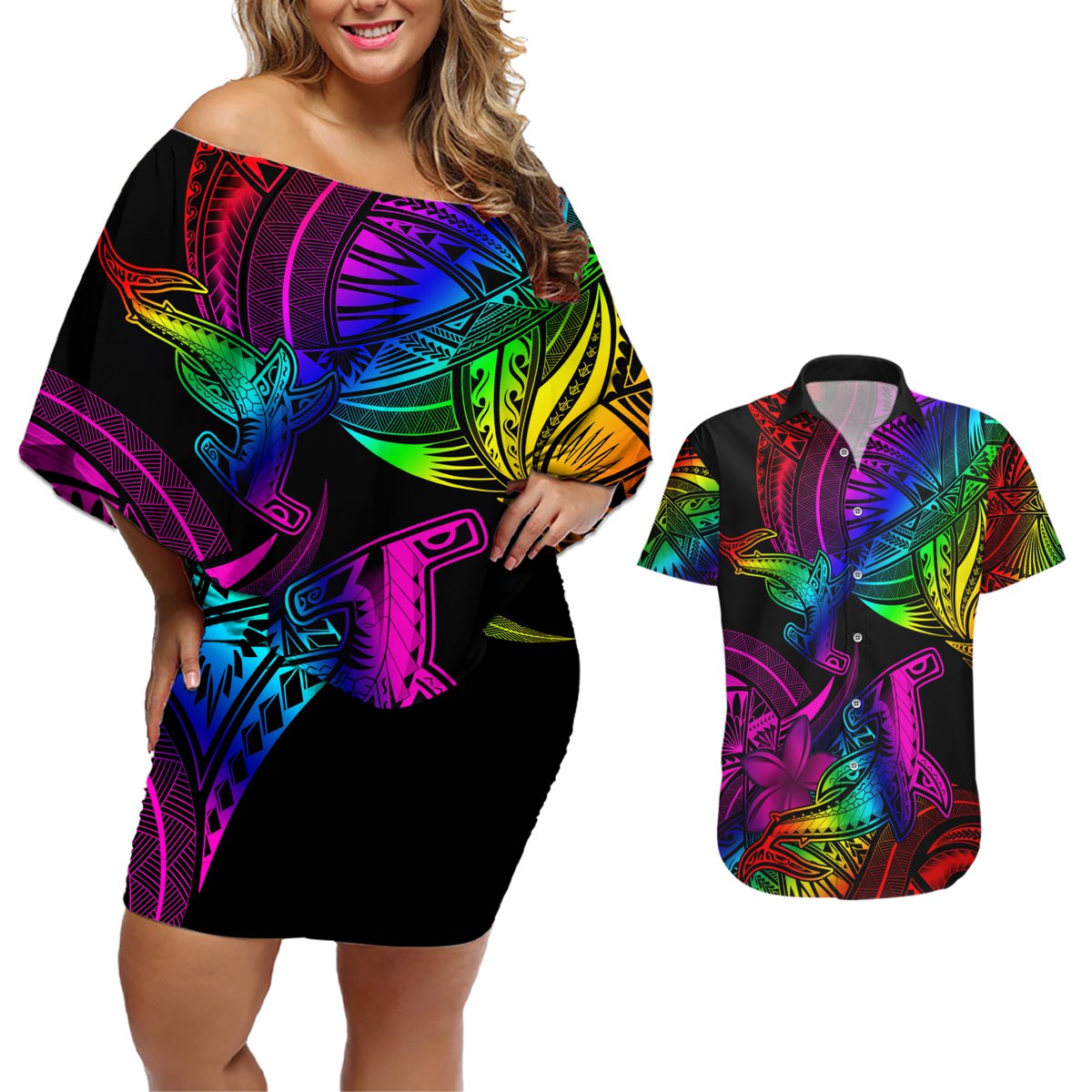 LGBT History Month Couples Matching Off Shoulder Short Dress and Hawaiian Shirt Polynesian Hammerhead Shark LT01 Rainbow - Polynesian Pride