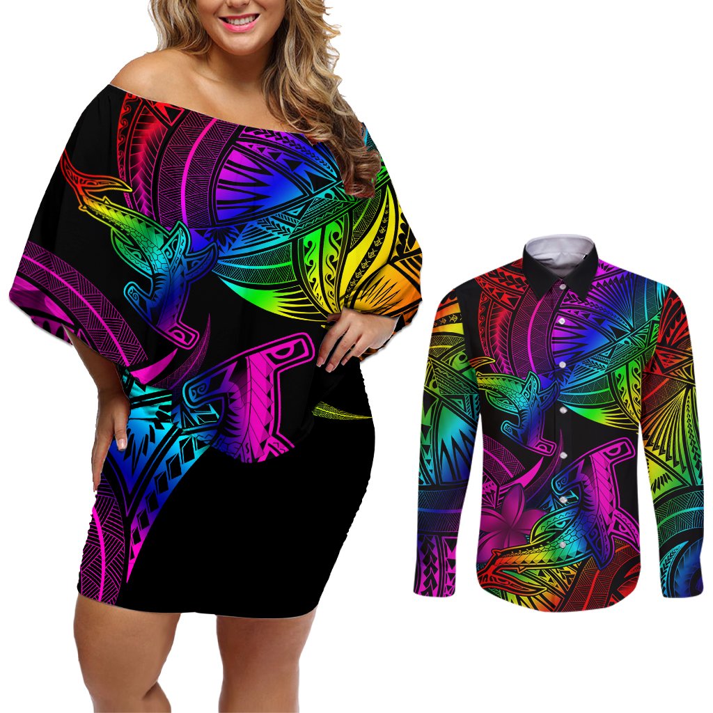 LGBT History Month Couples Matching Off Shoulder Short Dress and Long Sleeve Button Shirt Polynesian Hammerhead Shark LT01 Rainbow - Polynesian Pride