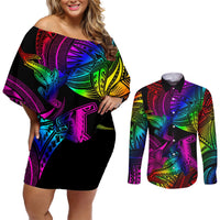 LGBT History Month Couples Matching Off Shoulder Short Dress and Long Sleeve Button Shirt Polynesian Hammerhead Shark LT01 Rainbow - Polynesian Pride