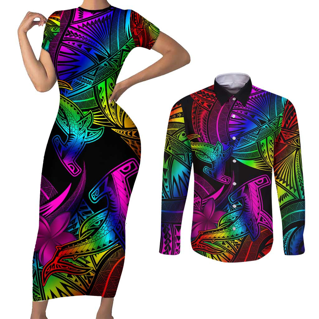LGBT History Month Couples Matching Short Sleeve Bodycon Dress and Long Sleeve Button Shirt Polynesian Hammerhead Shark LT01