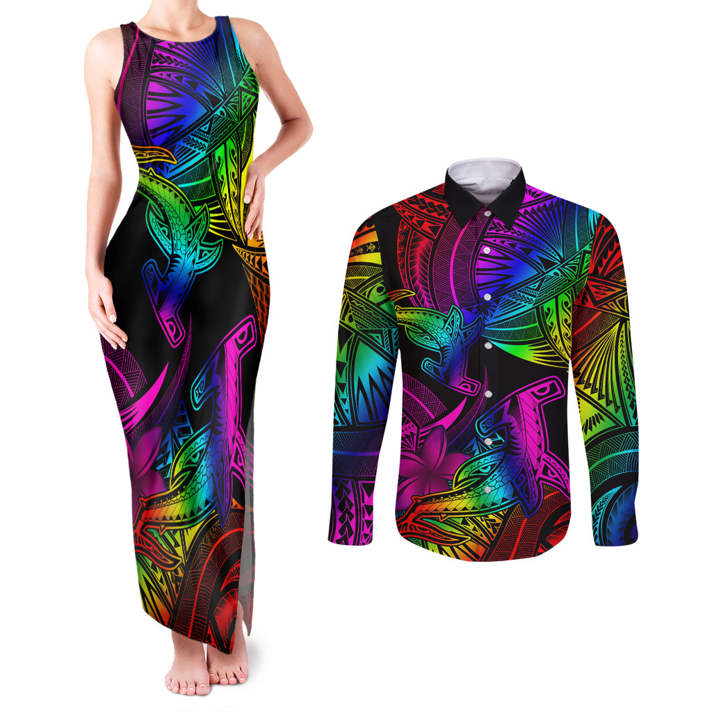 LGBT History Month Couples Matching Tank Maxi Dress and Long Sleeve Button Shirt Polynesian Hammerhead Shark LT01 Rainbow - Polynesian Pride