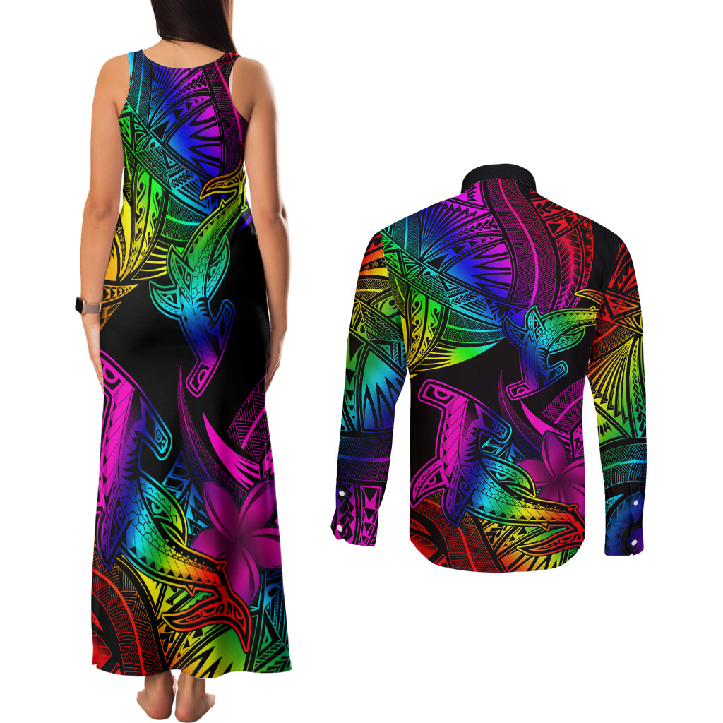 LGBT History Month Couples Matching Tank Maxi Dress and Long Sleeve Button Shirt Polynesian Hammerhead Shark LT01 - Polynesian Pride