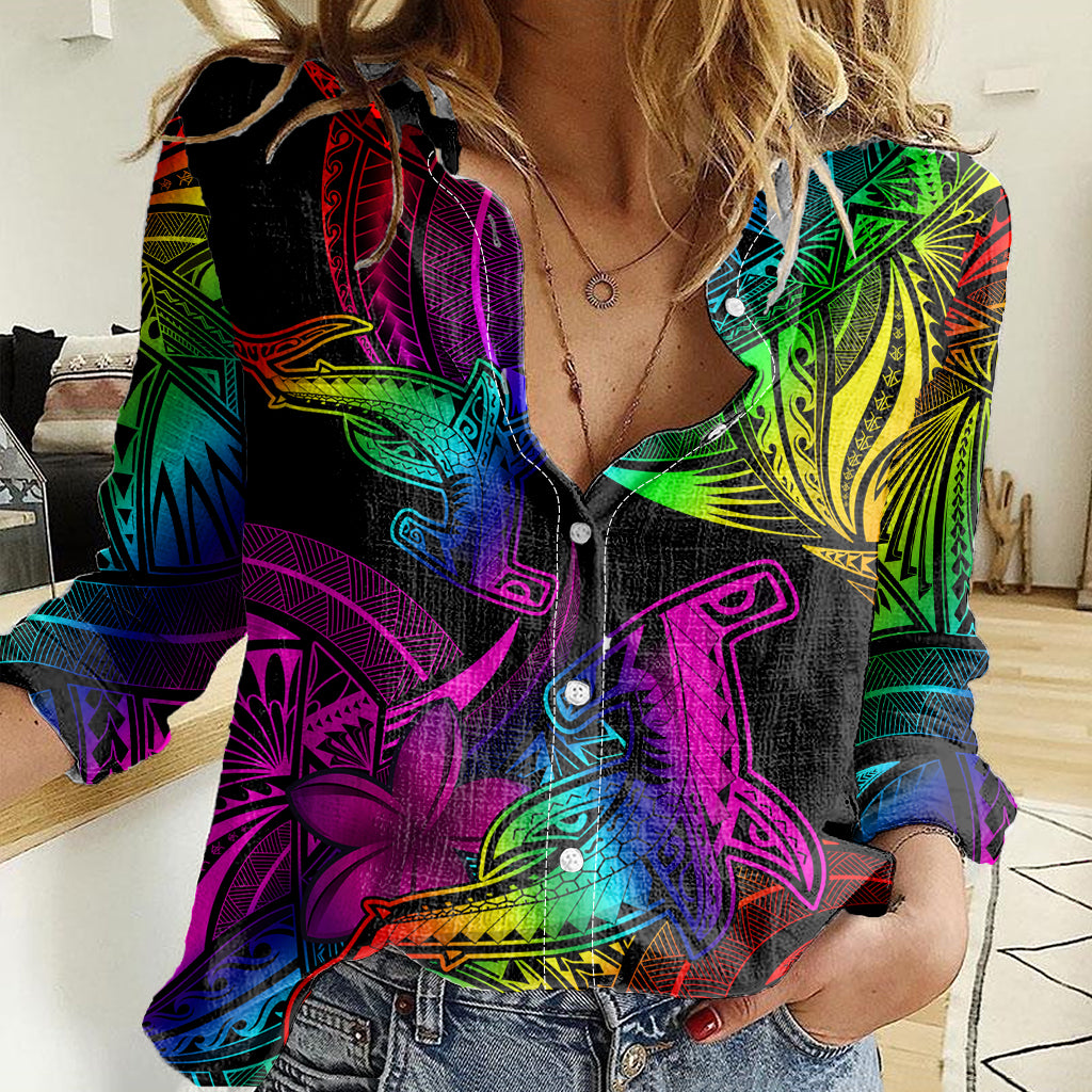 LGBT History Month Women Casual Shirt Polynesian Hammerhead Shark LT01 Female Rainbow - Polynesian Pride