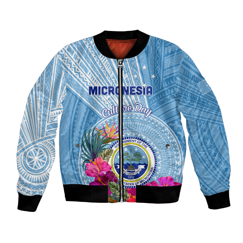 Micronesia Culture Day Bomber Jacket Tribal Pattern Tropical Style LT01 Unisex Blue - Polynesian Pride