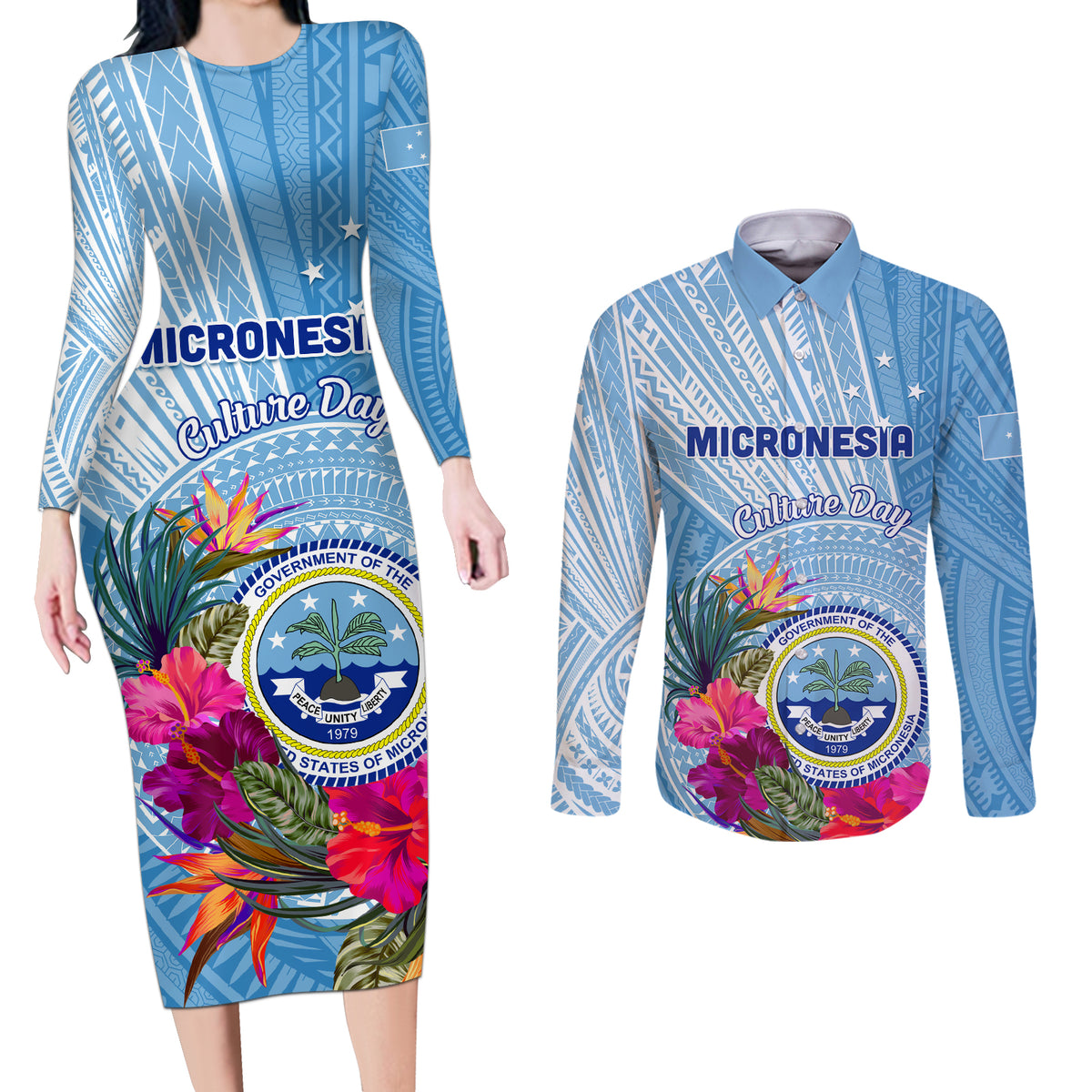 Micronesia Culture Day Couples Matching Long Sleeve Bodycon Dress and Long Sleeve Button Shirt Tribal Pattern Tropical Style LT01 Blue - Polynesian Pride
