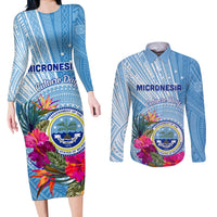 Micronesia Culture Day Couples Matching Long Sleeve Bodycon Dress and Long Sleeve Button Shirt Tribal Pattern Tropical Style LT01 Blue - Polynesian Pride