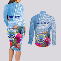 Micronesia Culture Day Couples Matching Long Sleeve Bodycon Dress and Long Sleeve Button Shirt Tribal Pattern Tropical Style LT01 - Polynesian Pride