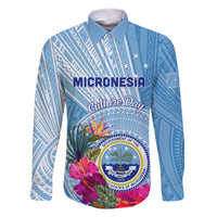 Micronesia Culture Day Family Matching Off Shoulder Short Dress and Hawaiian Shirt Tribal Pattern Tropical Style LT01 Dad's Shirt - Long Sleeve Blue - Polynesian Pride