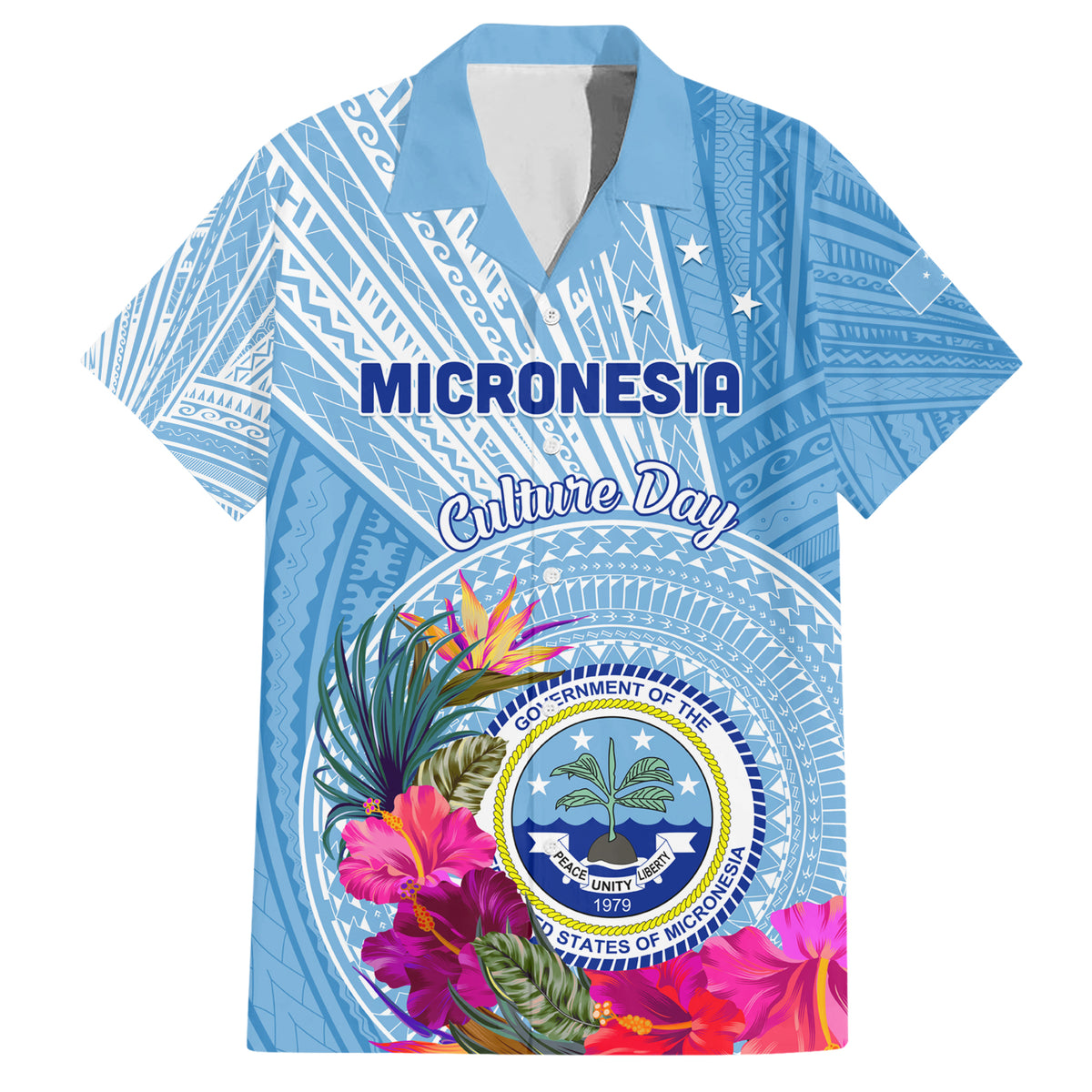 Micronesia Culture Day Family Matching Short Sleeve Bodycon Dress and Hawaiian Shirt Tribal Pattern Tropical Style LT01 Dad's Shirt - Short Sleeve Blue - Polynesian Pride